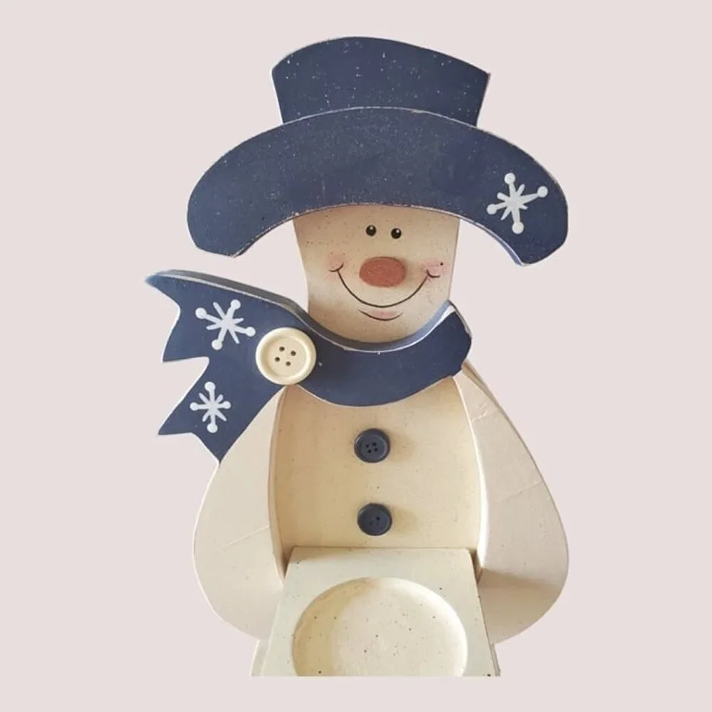 Snowman candle holder wood handprinted